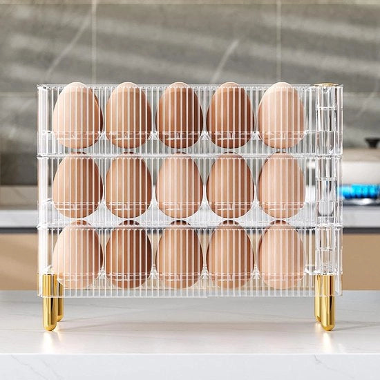 Contenitore per uova - dorato - alta cerniera - box di cucina - display di contenimento uova - 30 uova - chiusura automatica - resistente al calore - trasparente