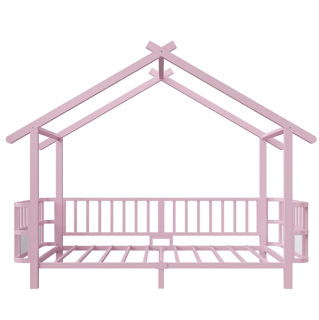 Letto a forma di casa 90x200 cm con sponde di sicurezza in metallo rosa