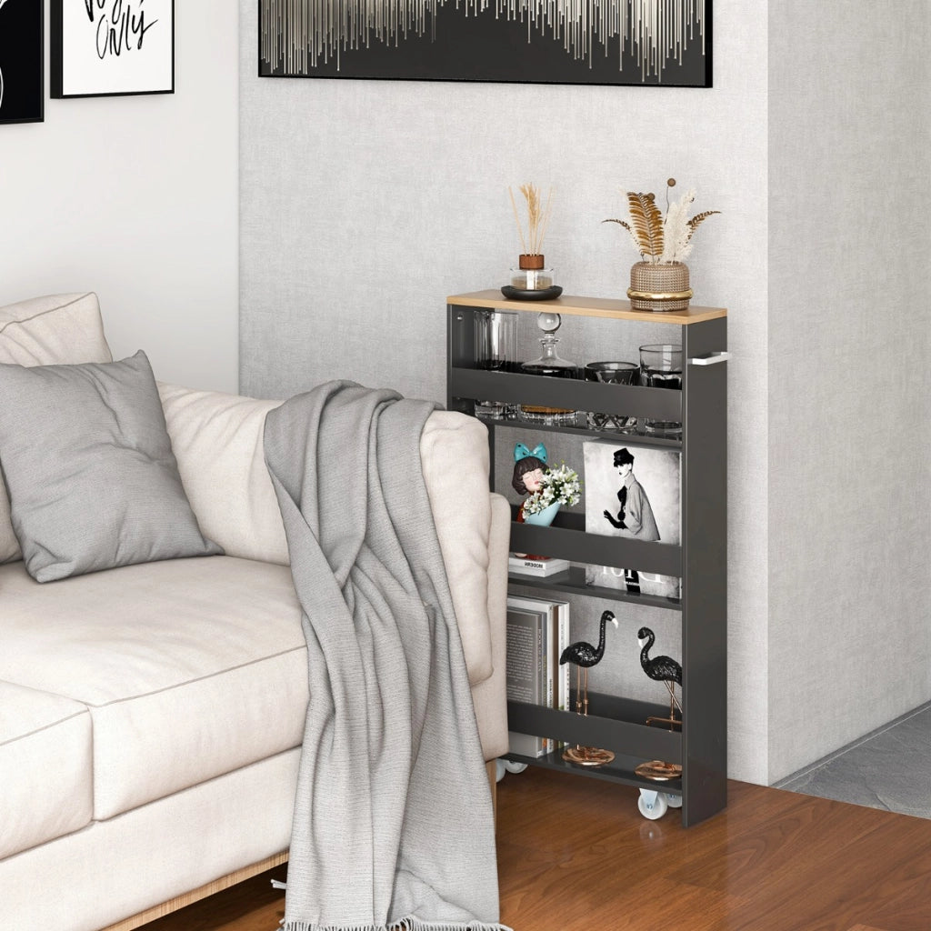 Carrello portaoggetti da cucina con maniglia ruote-Scaffale mobile salvaspazio con scaffali stretti Grigio