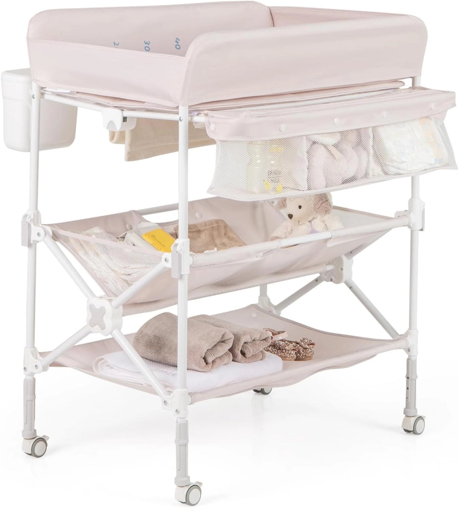 Fasciatoio Pieghevole Neonato, Fasciatoio Portatile con Altezza Regolabile, Comodino per Pannolini con Ruote di Bloccabili, 2 Ripiani, Porta Asciugamani, Cestino di Rifiuti (Grigio)