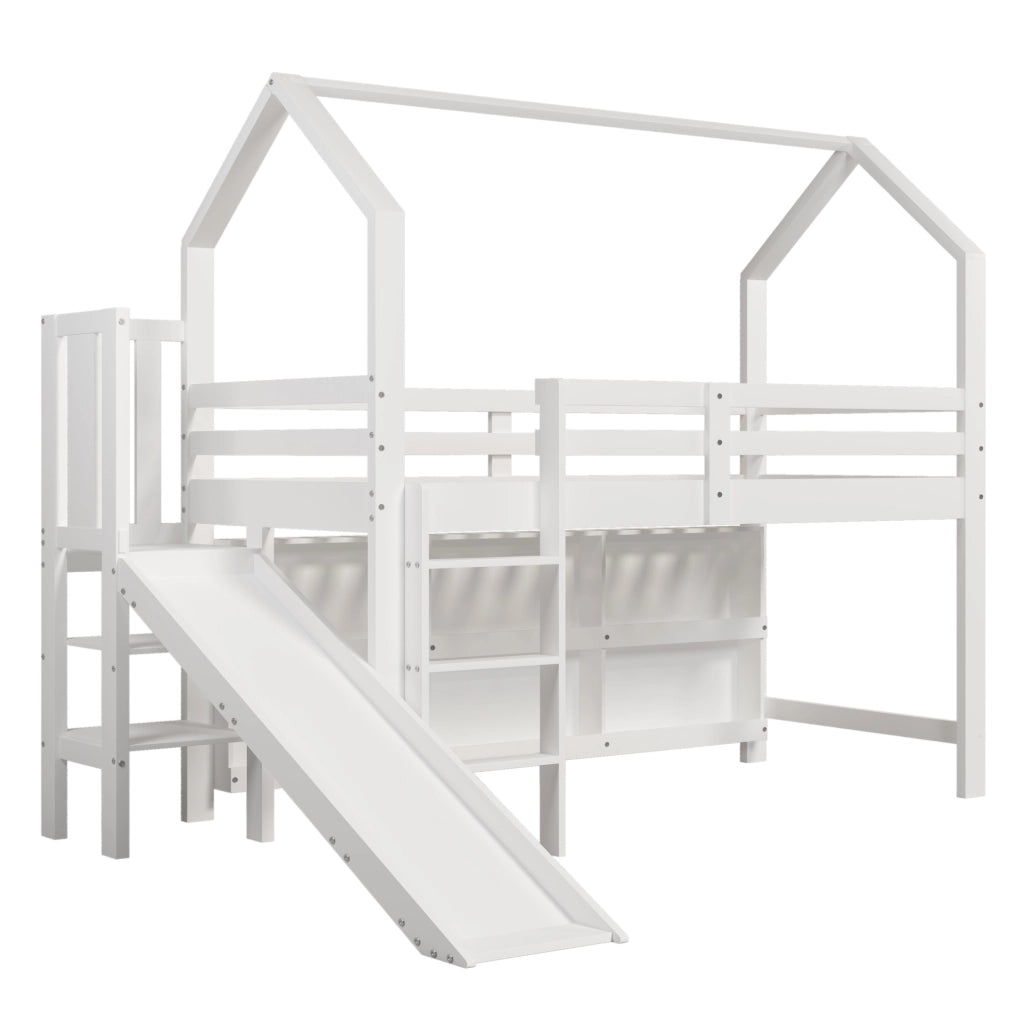 Letto singolo multifunzionale 90x200 cm con scivolo, vani e ripiani