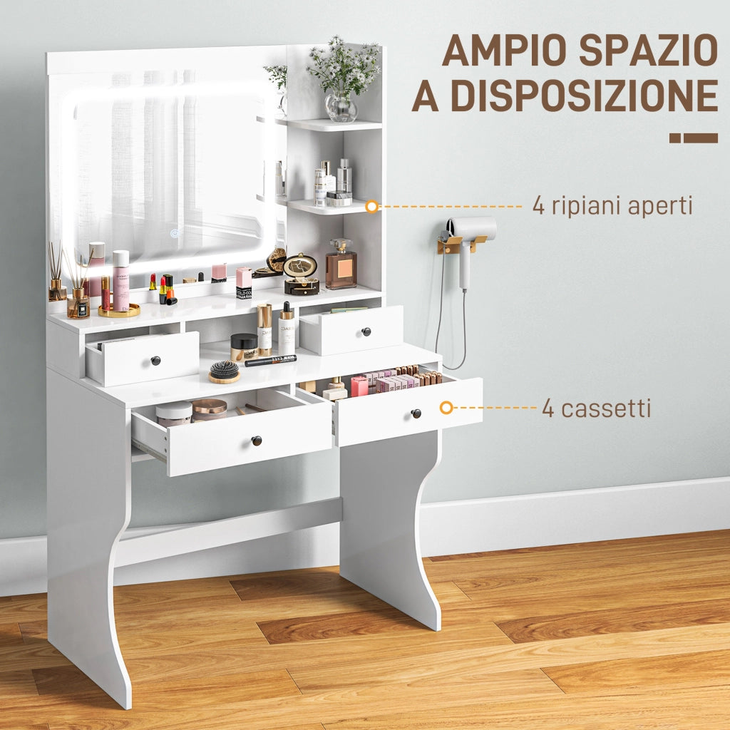 Toeletta Trucco con Luci LED, Specchio, USB, Cassetti e Mensole ¨C zephmum ¨C Bianco, 90x45x160cm