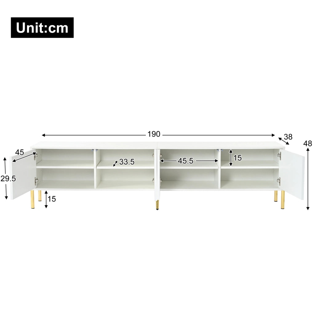 TV Schrank bianco 190 cm con 4 ante; 8 ripiani e gambe dorate