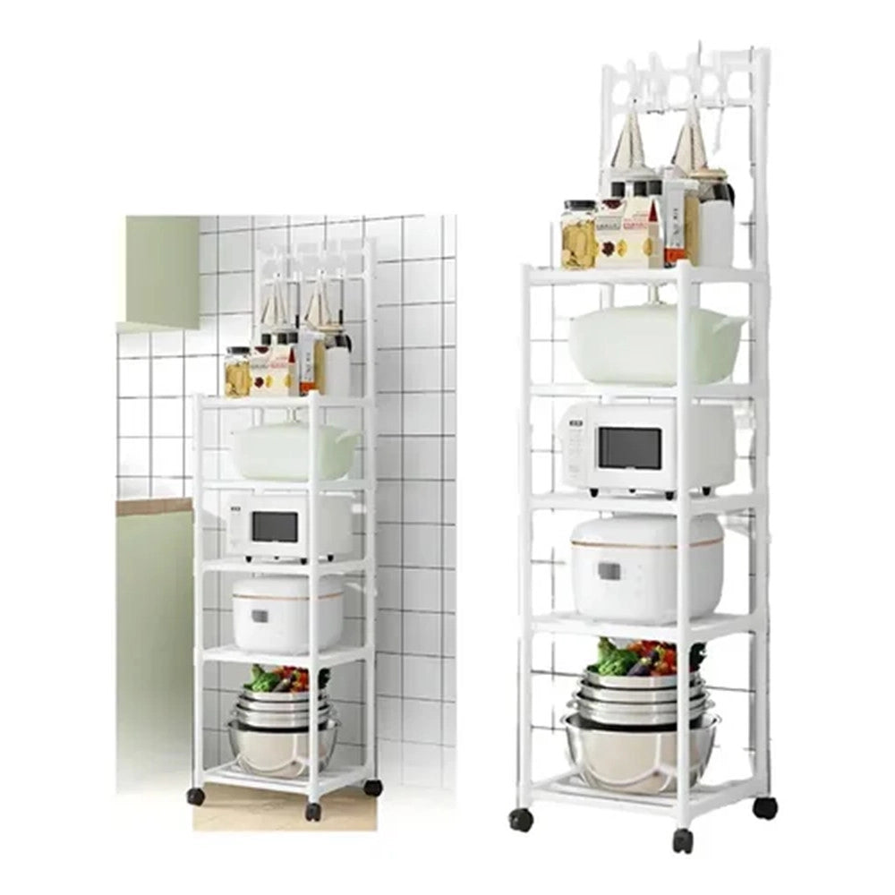 Trade Shop - Carrello Scaffale Portaoggetti Multiuso Da Cucina Bagno 5 Ripiani Con Ruote Ganci Bianco -
