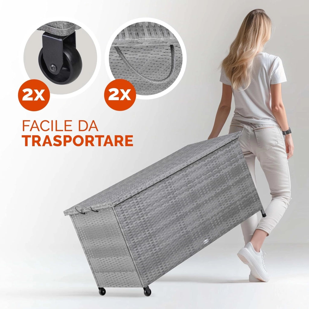 Baule da Giardino Salvaspazio 122x56x62cm Polyrattan Box Esterno con Rotelle Coperchio