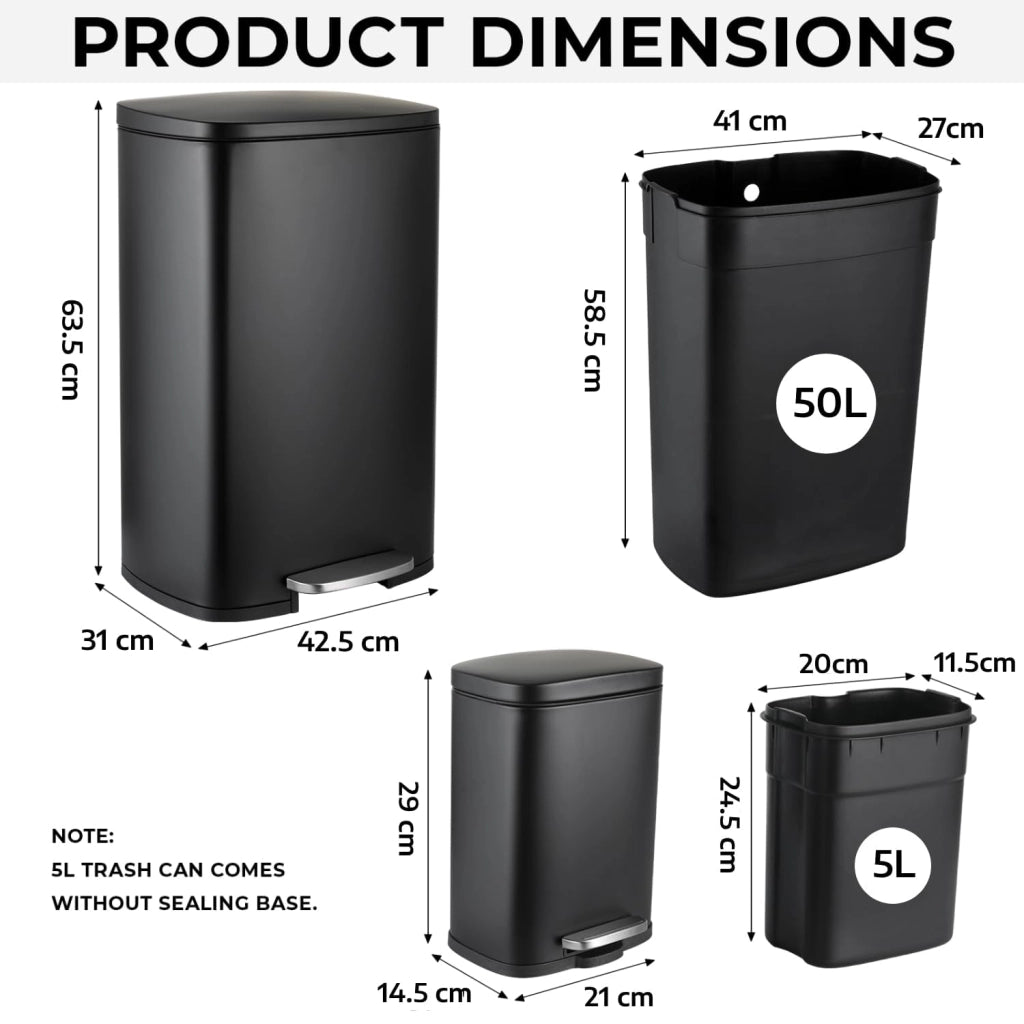 Set Pattumiera Cucina 50l + 5l, Set di Cestino a Pedale in Acciaio, con Chiusura Silenziosa, Secchio Interno, isolare gli odori, Grande Pattumiera, per Ufficio, Casa, Camera, Nero