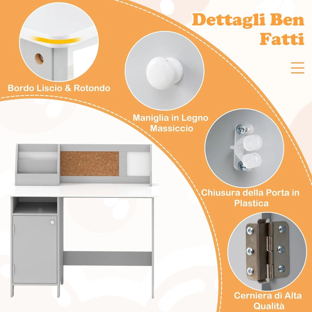 Set Scrivania e Sedia per Bambini per Studio e Lettura, Grigio | Banco Scuola con Sedia Ergonomica, Lavagna Bianca, Pennarello, Armadietto e Bacheca, Postazione Computer per Cameretta Studio