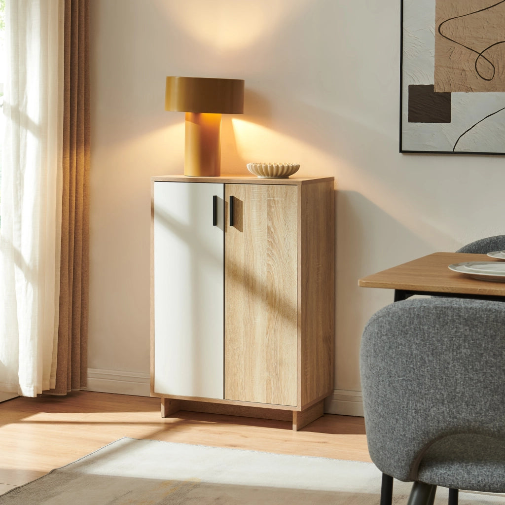 Armadietto Kenta Credenza Stretta Salvaspazio con 2 Ante 90x60x35 cm Effetto Rovere Sonoma / Bianco [en.casa]
