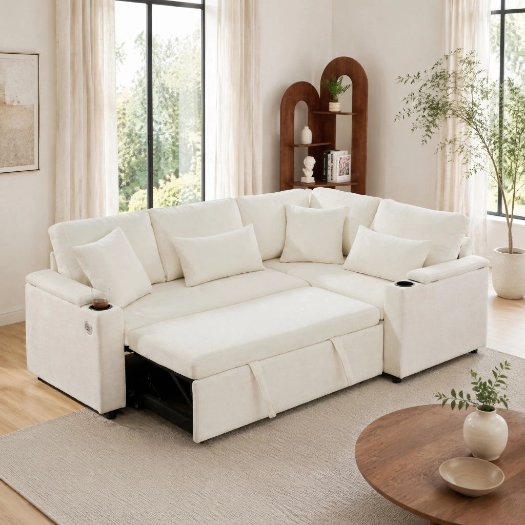 Divano angolare letto estraibile con contenitore, chaise longue destra, in ciniglia beige, 4 posti