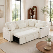 Divano angolare letto estraibile con contenitore, chaise longue destra, in ciniglia beige, 4 posti