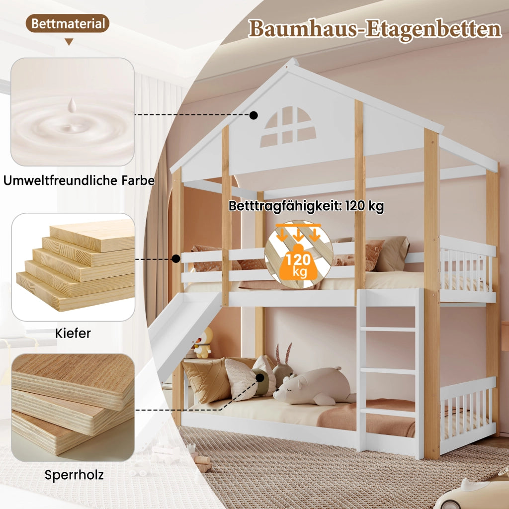 DESMIU Letto a castello 90 × 200 cm 2 posti con scivolo e scala, senza materasso, in legno massello e MDF, bianco e naturale
