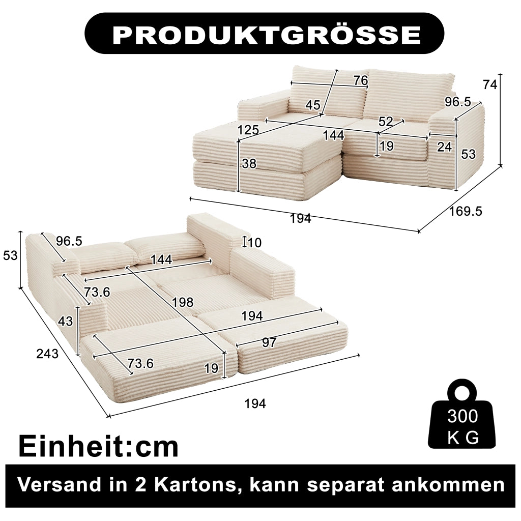 Divano letto modulare con poggiapiedi rimovibile e moduli combinabili in tessuto a coste beige