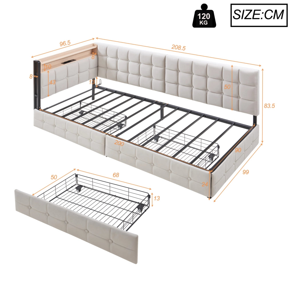 Divano letto singolo 90x200 cm con 2 cassetti; LED; USB e USB-C; beige