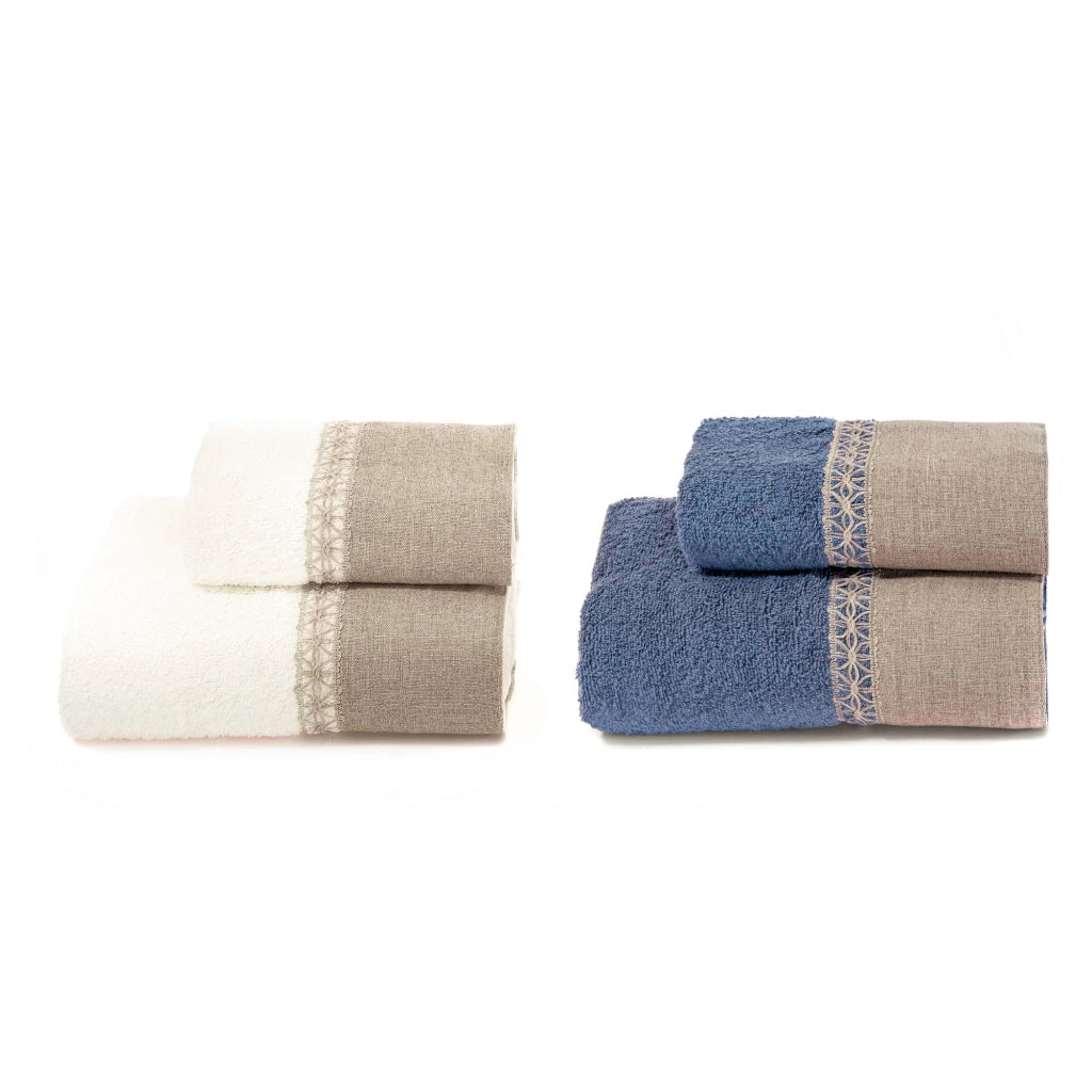 Set Spugna 4 Pezzi Asciugamani Viso + Ospite con Balza e Trina di Lino Garrini Bryanna Denim