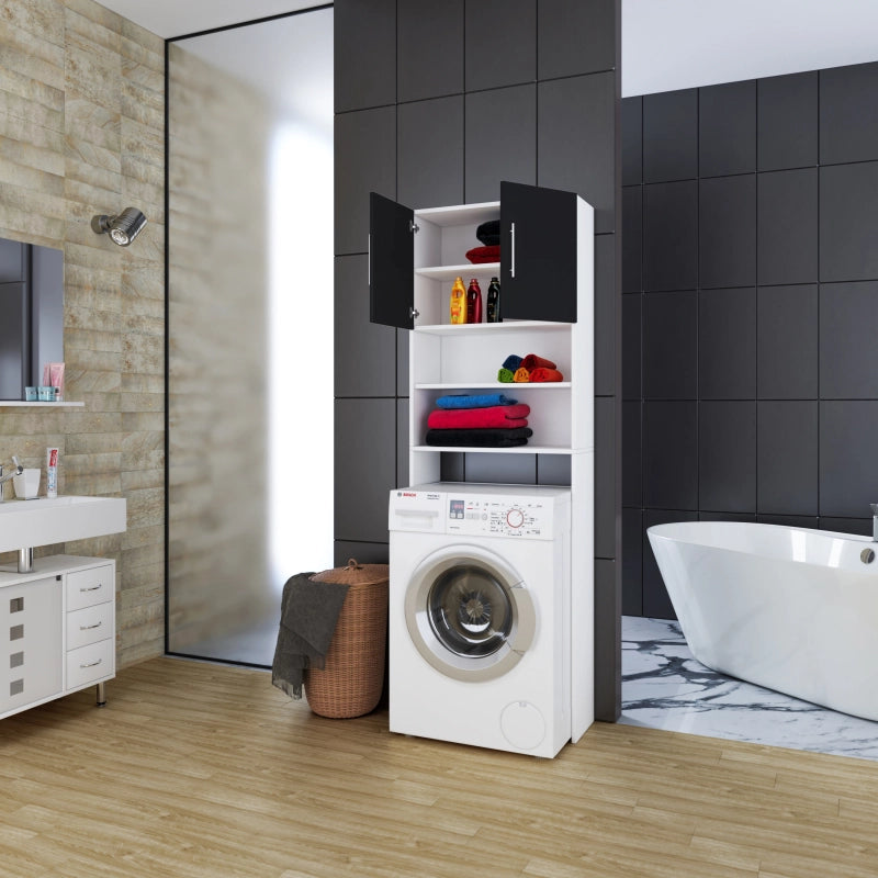 Colonna Lavanderia – Coprilavatrice con Ripiani In Legno Bianco e Nero H190 × L64 × P25 cm Soluzione Salvaspazio per Lavanderia
