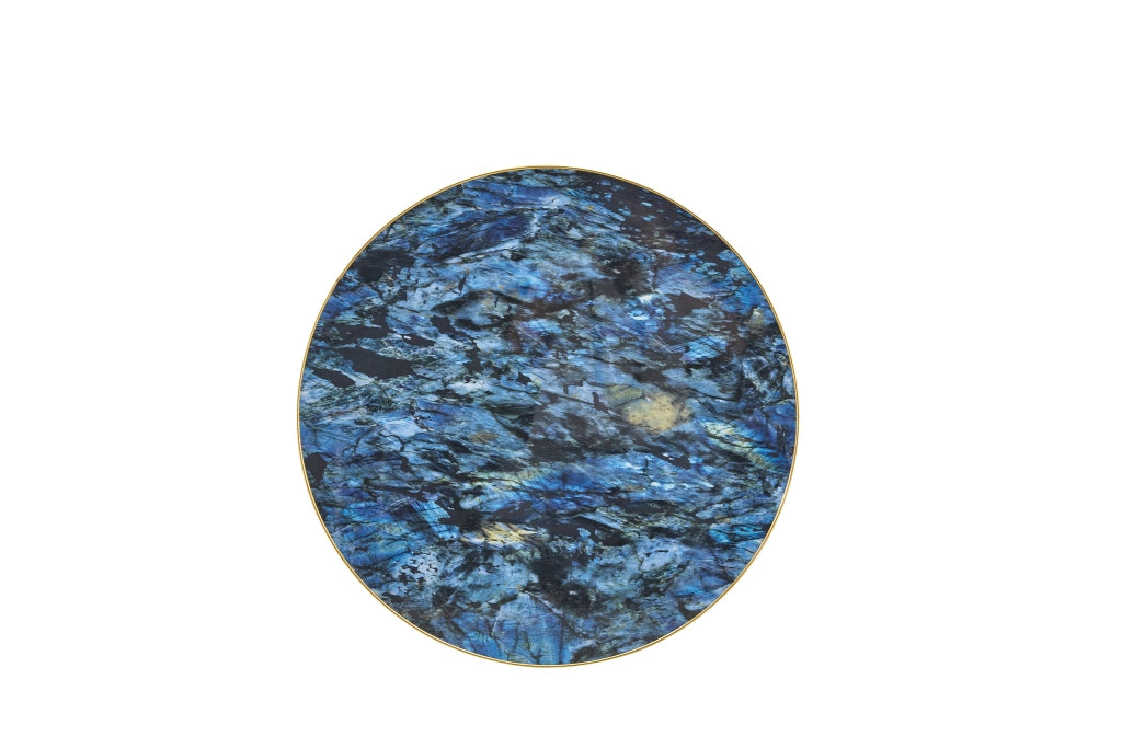 Tavolino basso rotondo con piano effetto marmo e bordo dorato, in MDF e metallo, per soggiorno, blu, 60 × 73,7 cm