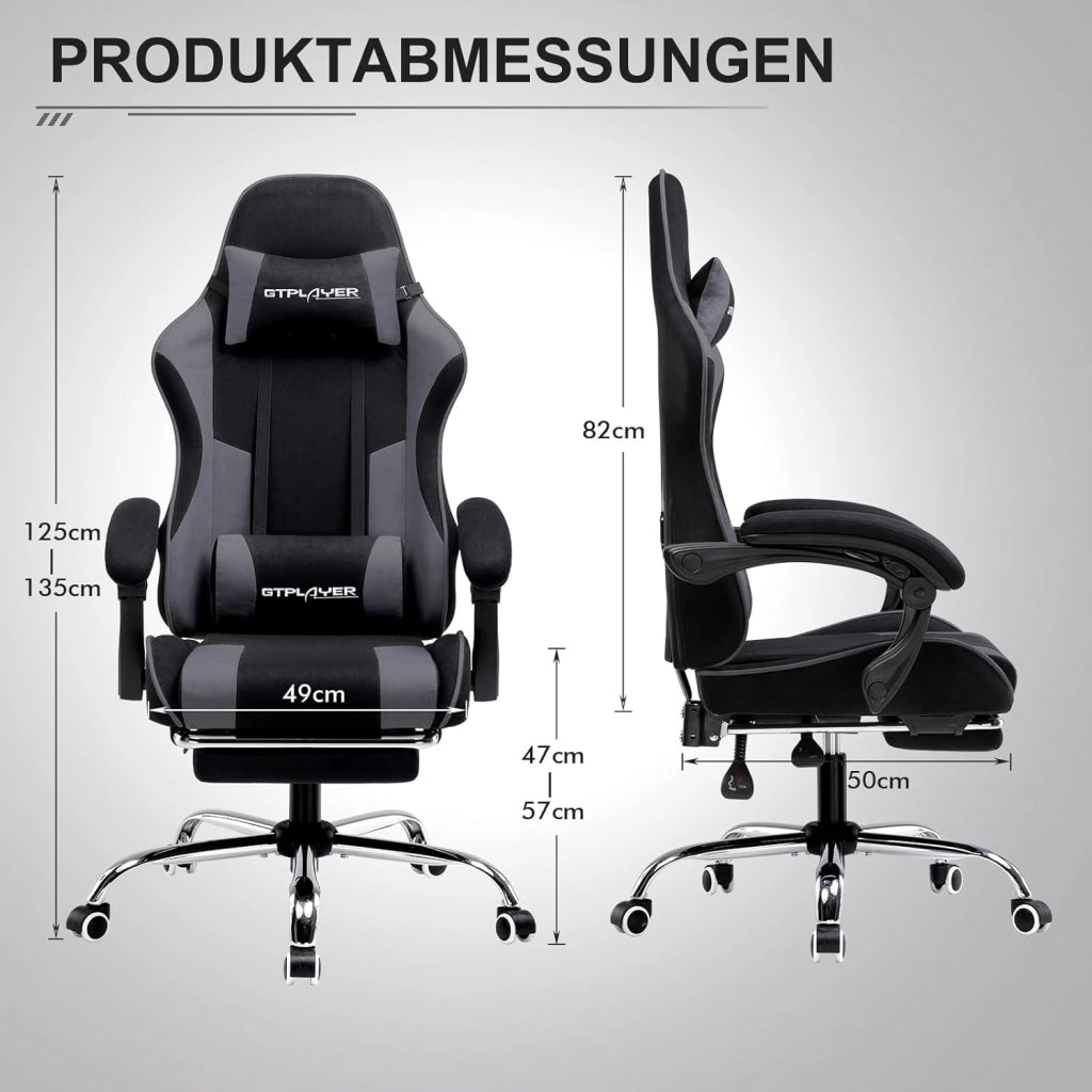 Sedia da gaming, in tessuto, da ufficio, da gioco, ergonomica, con poggiapiedi, per massaggi, cuscino lombare, imbottito, sedia da gioco, sedia girevole, grigio