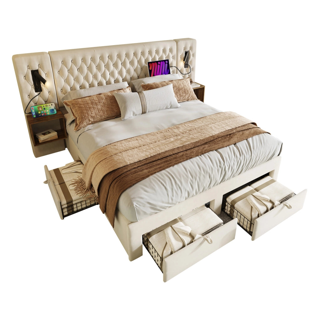 Letto matrimoniale 160x200 cm in velluto beige con 2 comodini; 4 cassetti e luci lettura USB Type C