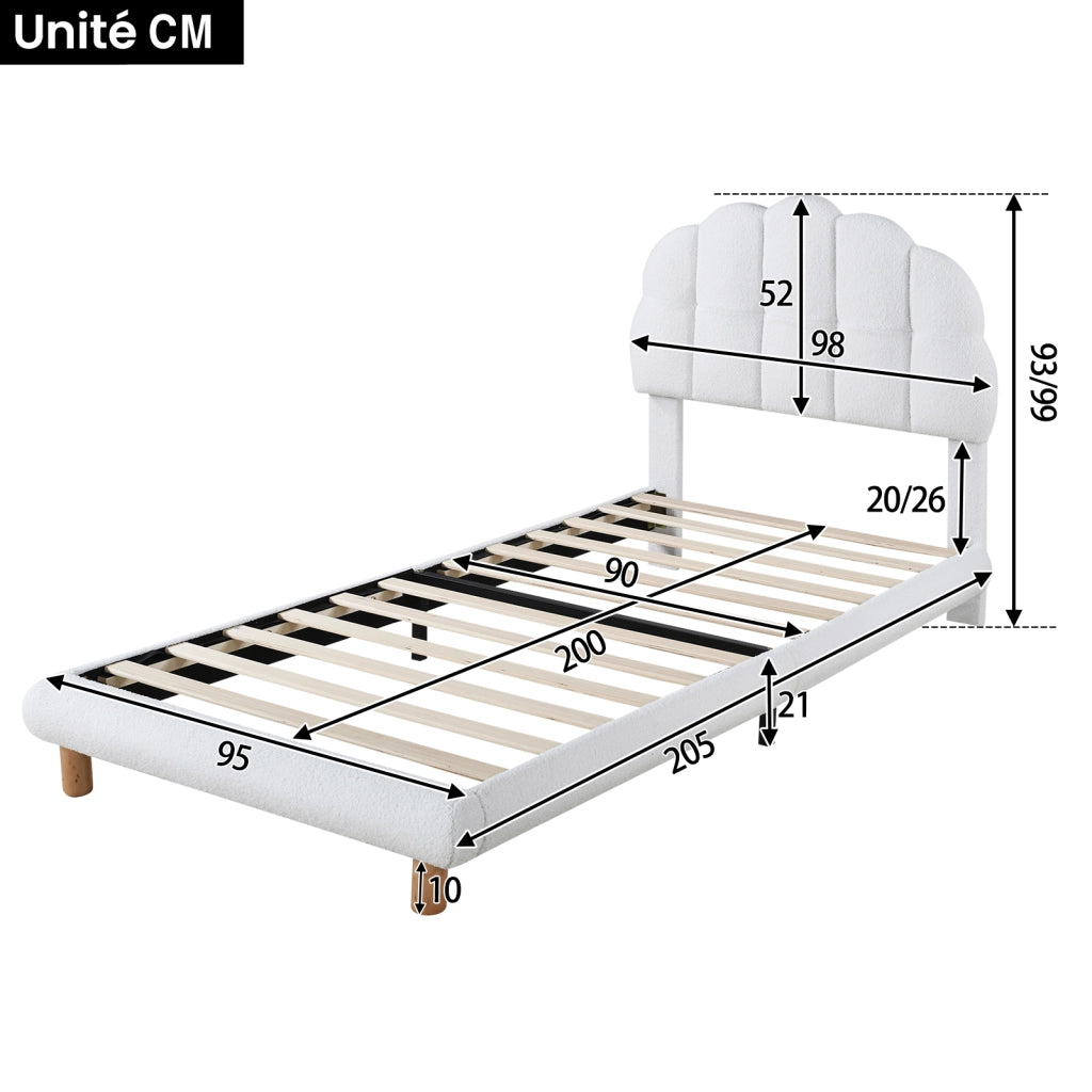 Letto per Bambini Letto Singolo 90×200 cm con Testiera Regolabile e Tessuto Bouclé; senza Materasso; Bianco