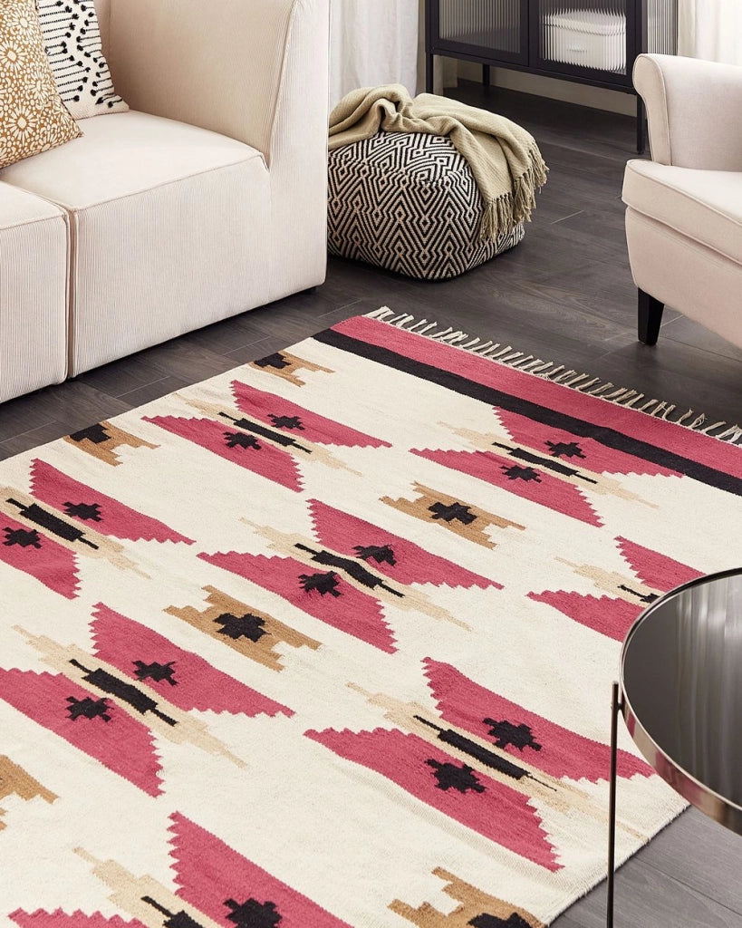 Tappeto Kilim in cotone tessuto a mano reversibile con motivo geometrico e nappe multicolore 160 x 230 cm soggiorno camera da letto