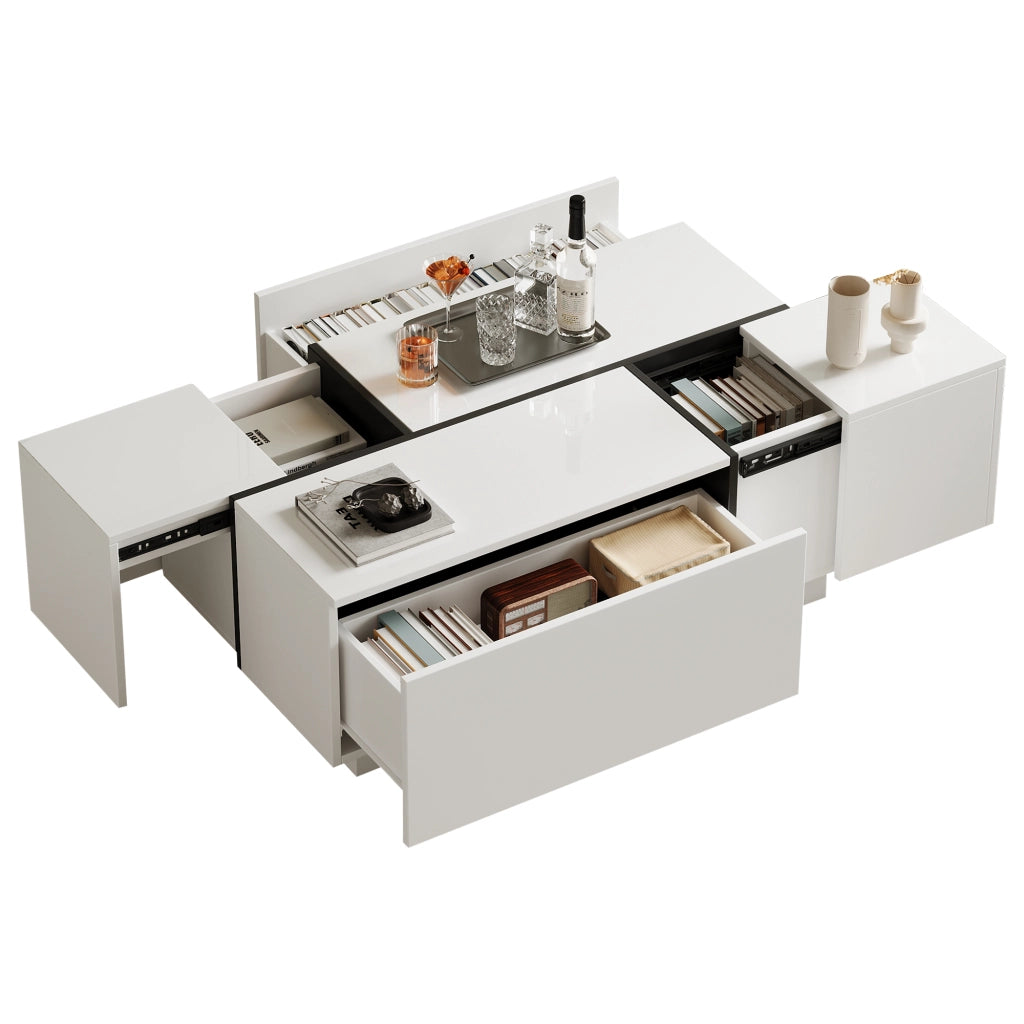 Tavolino da salotto con 4 Cassetti e Piano Scorrevole; Finitura Lucida; per Soggiorno; in Truciolato; 100 × 60 × 40 cm; Bianco