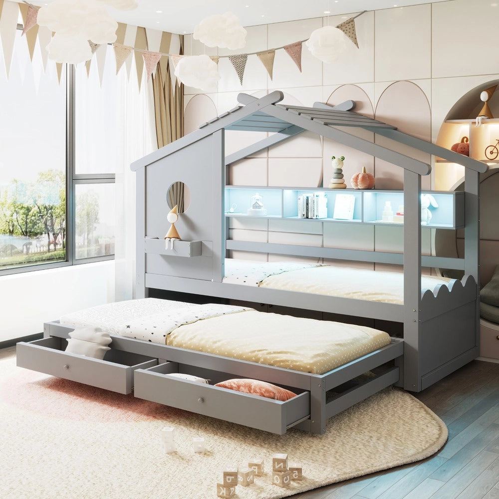 Letto Bambini a Casetta con Letto Estraibile ¨C Xylo ¨C Grigio, LED, Cassetti, USB, 90x200