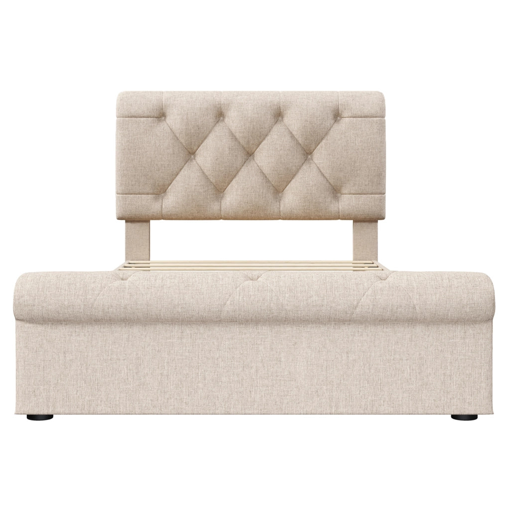 Letto singolo imbottito ULEVR 90x200 cm con 2 cassetti e testiera regolabile, naturale