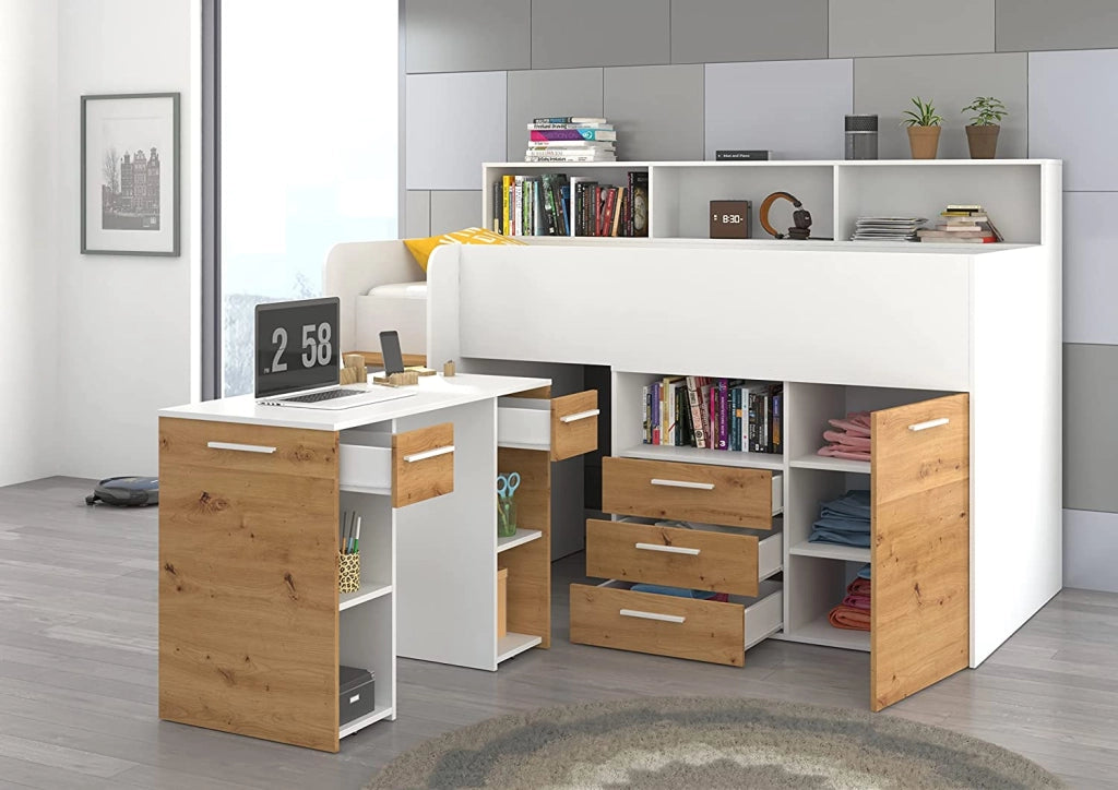 LETTO A CASTELLO SCRIVANIA LIBRERIA BAMBINI NEO L cm206x120x138h BIANCO ROVERE