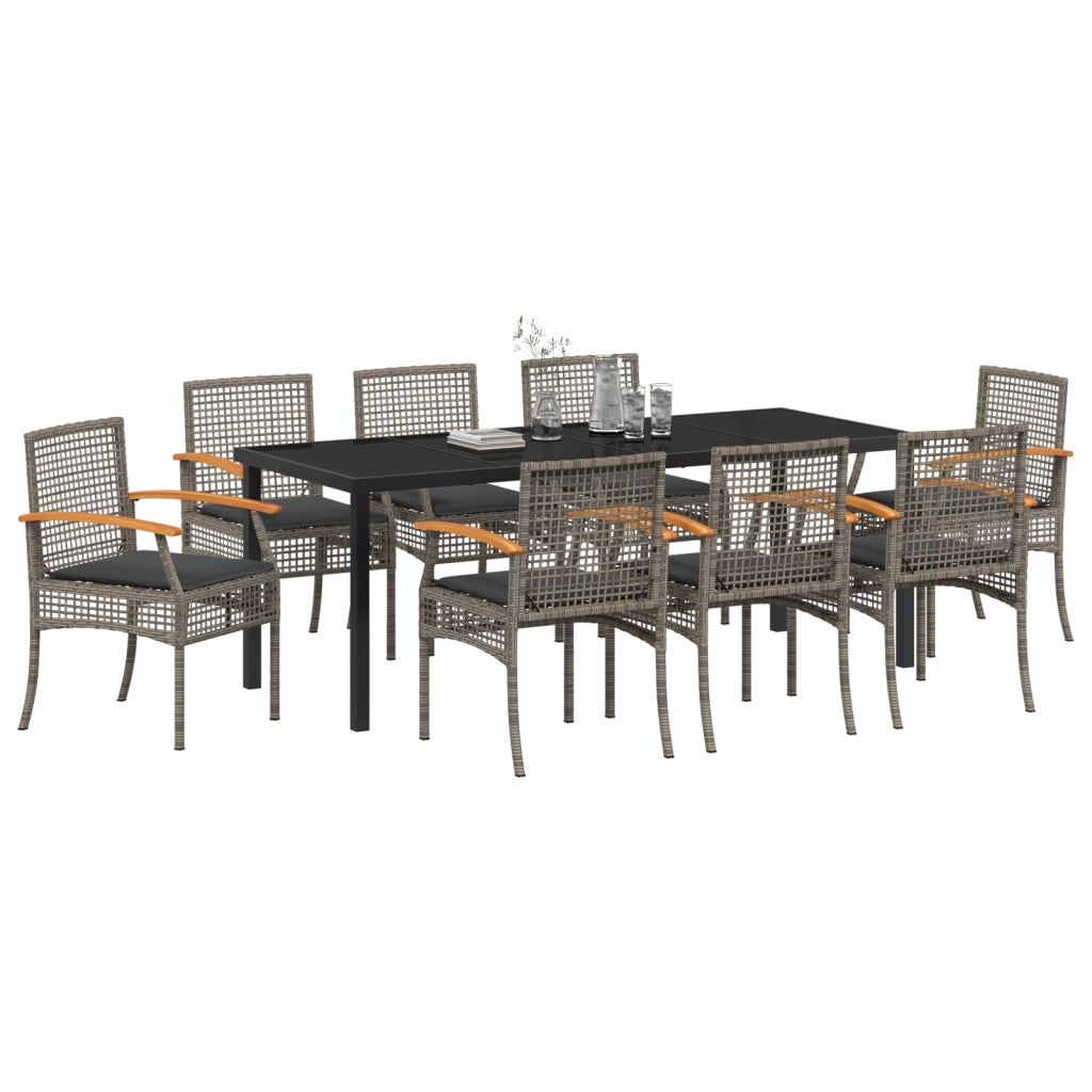 Set da Pranzo da Giardino 9 Pezzi con Cuscini Grigio Polyrattan