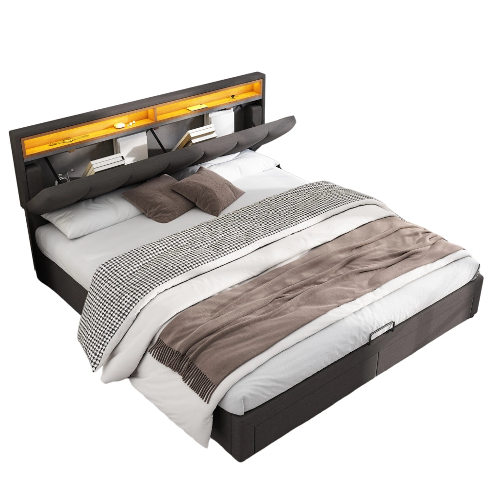 Letto imbottito matrimoniale 160x200 cm con LED; rete a doghe; contenitore; grigio scuro in lino e acciaio