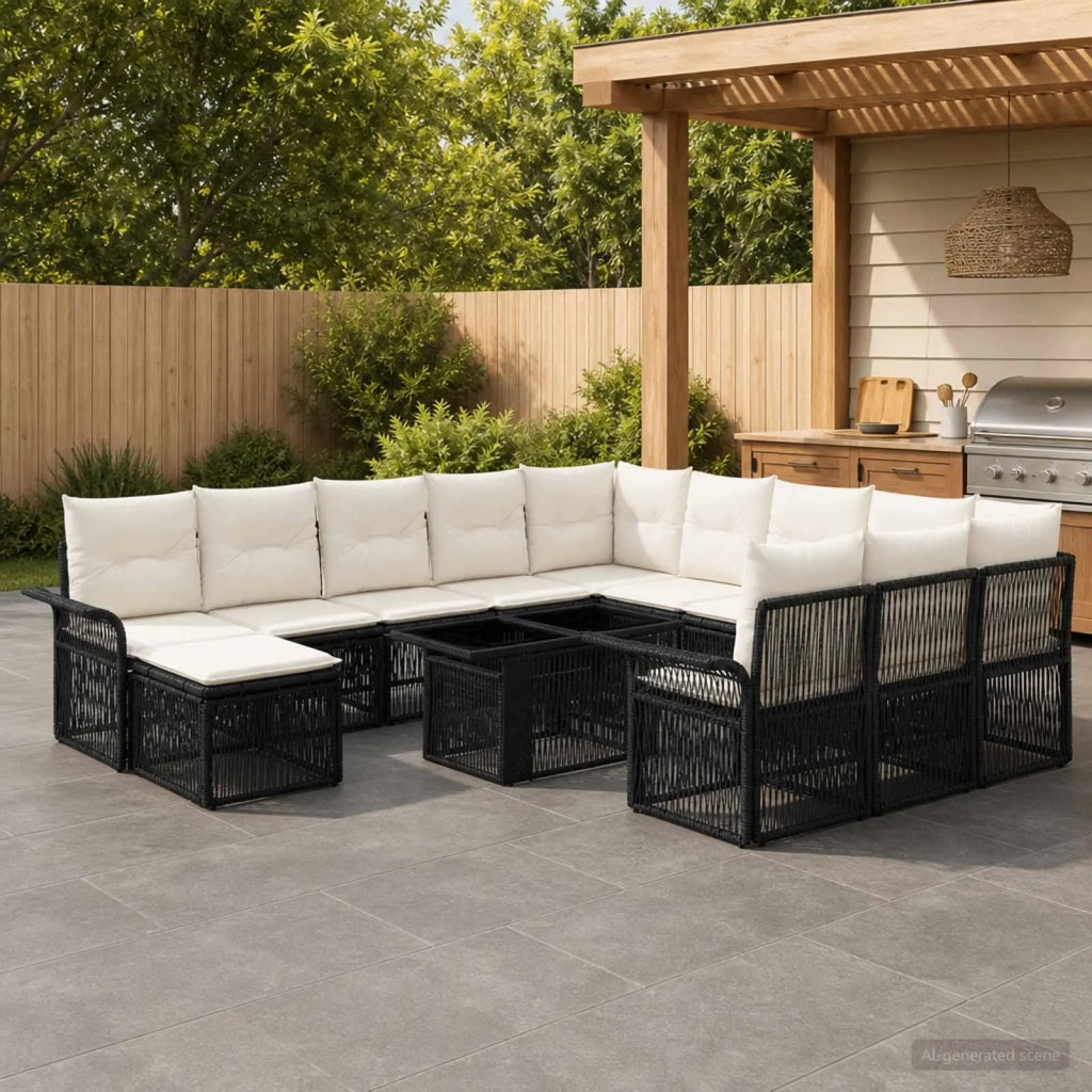 Set Divano da Giardino 13 pz Nero e Bianco Crema polyrattan 3436735