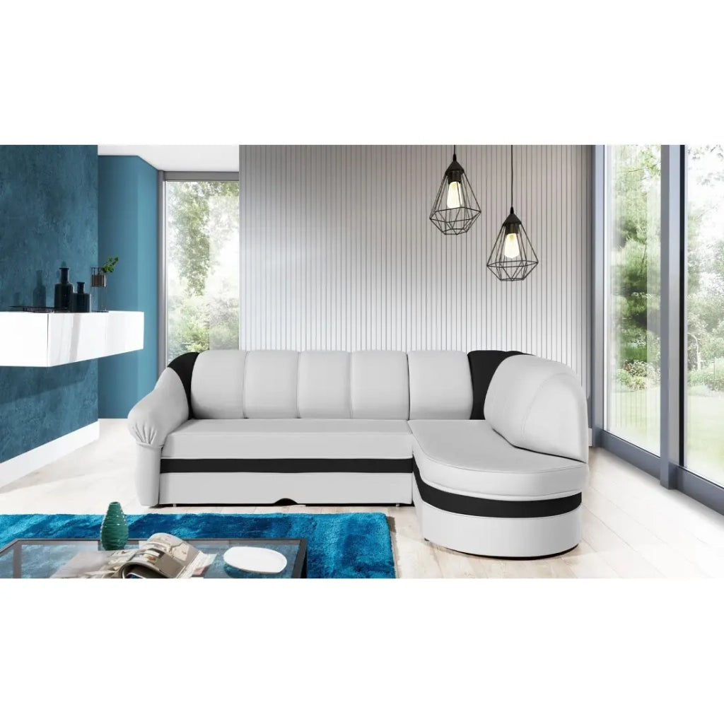 Divano angolare destro convertibile BENANA 250 cm bianco e nero con contenitore
