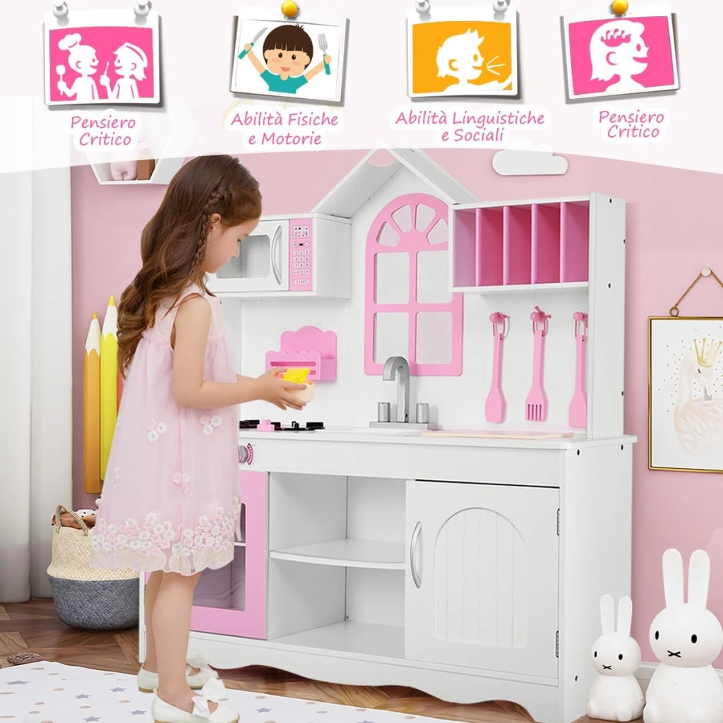 Cucina Giocattolo per Bambini, Cucina Legno per Bambini con Forno, Microonde, Lavello e Rubinetto, con Accessori da Cucina, per 3+ Anni