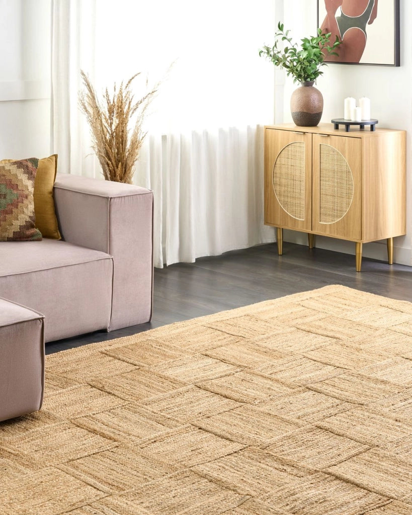 Tappeto Beige Juta 300 x 400 cm Intrecciato a mano con motivo a scacchi in stile boho naturale Tessile