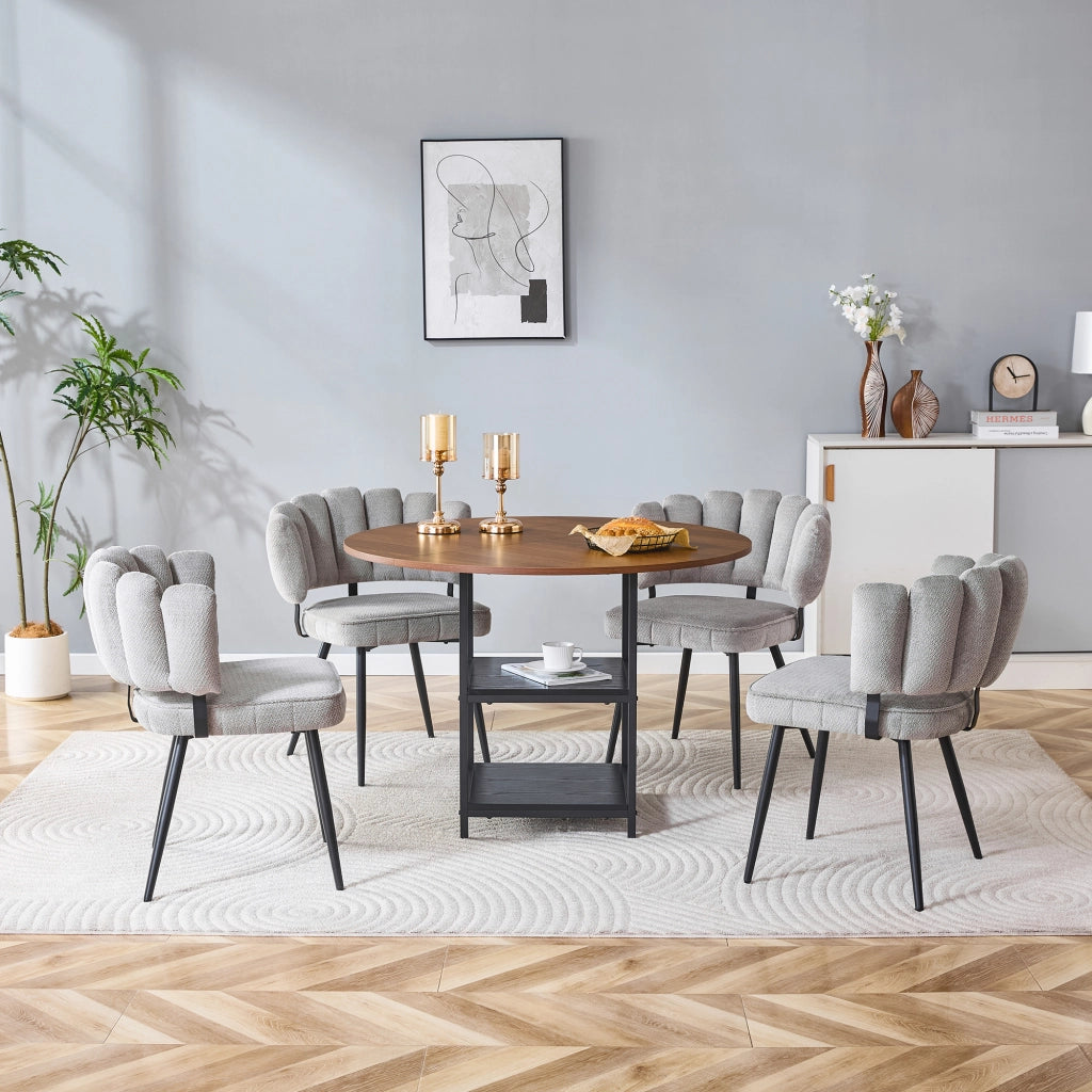 Set tavolo da pranzo e sedie con 1 tavolo rotondo e 4 sedie; 2 ripiani; in tessuto; MDF e metallo grigio noce e nero