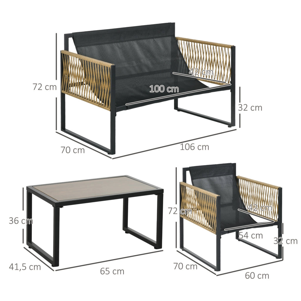 Salotto da giardino 4 pezzi in polyrattan con cuscini; tavolino in vetro; grigio scuro
