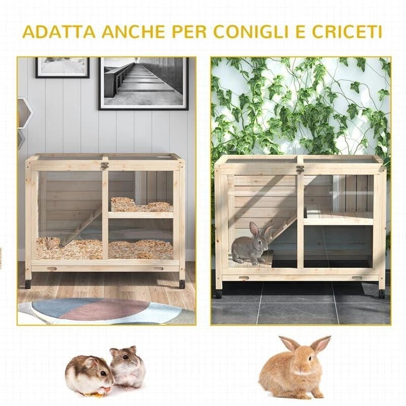 CONIGLIERA IN LEGNO A 2 PIANI CON RAMPA E VASSOIO ESTRAIBILE 91.5X53X73CM
