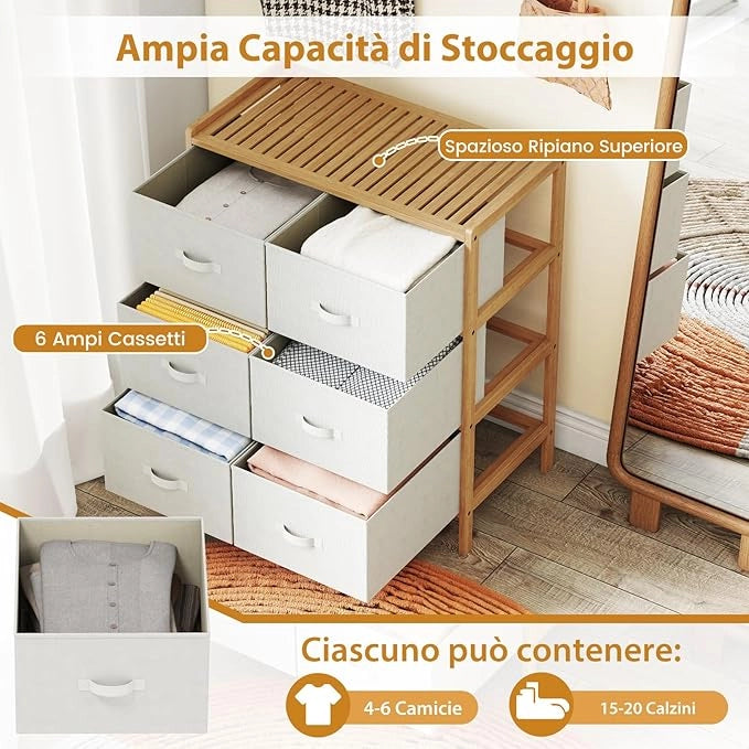 Cassettiera a 6 Cassetti in Bambù, Torre di Stoccaggio con Cassetti in Tessuto Pieghevoli e Ripiano Superiore, Organizzatore Verticale per Soggiorno Corridoio, 66x35x78,5 cm