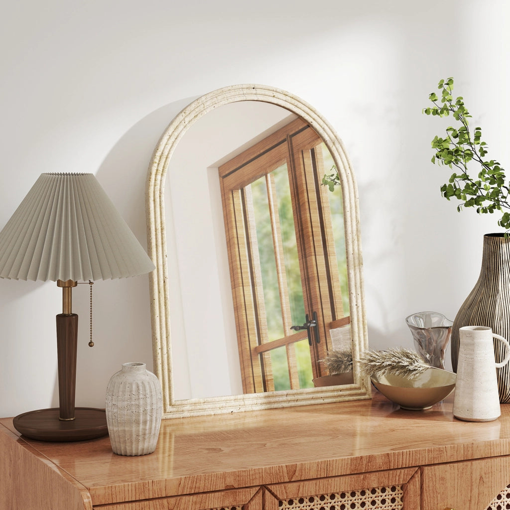 Specchio da Parete ad Arco 60x2x90 cm Cornice Effetto Pietra in Polistirene Beige