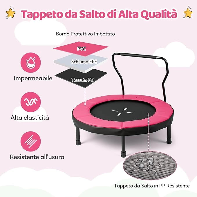 Trampolino Elastico per Bambini, Tappeto Elastico da Interno ed Esterno con Manubrio in Schiuma e Cuscino di Sicurezza, Ideale per Bambini 3-6 Anni, Portata 100 kg