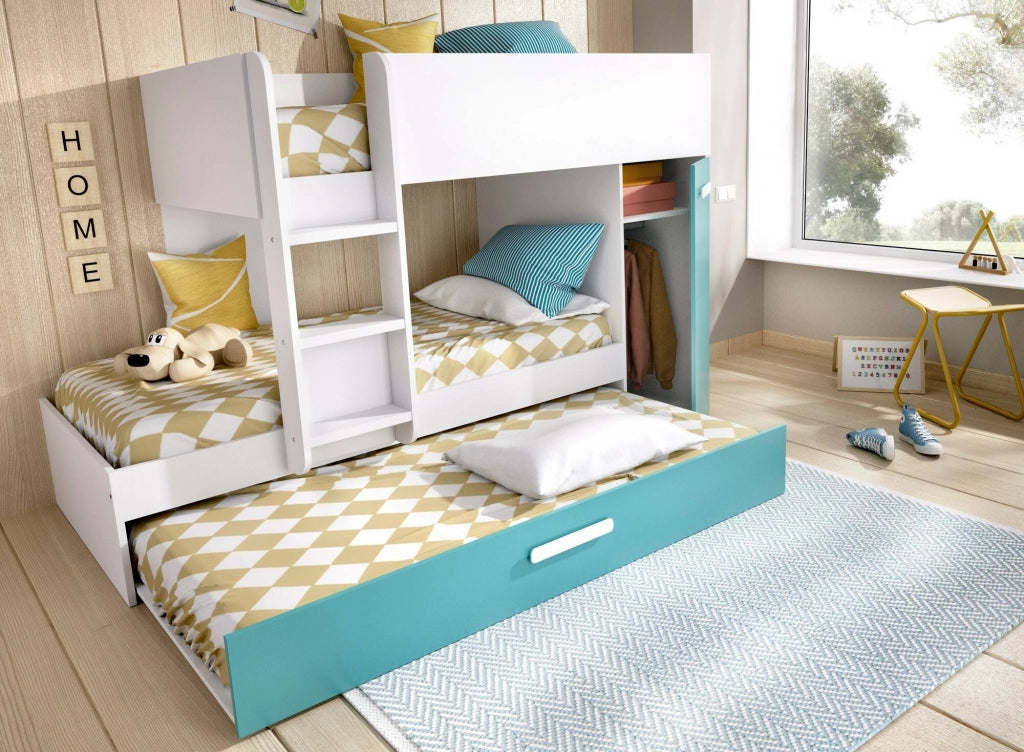 Composizione camera da letto Hikaa, Stanza da letto completa, Cameretta per bambini, Set per arredo a ponte, 244x112 h150 cm, Azzurro e Bianco