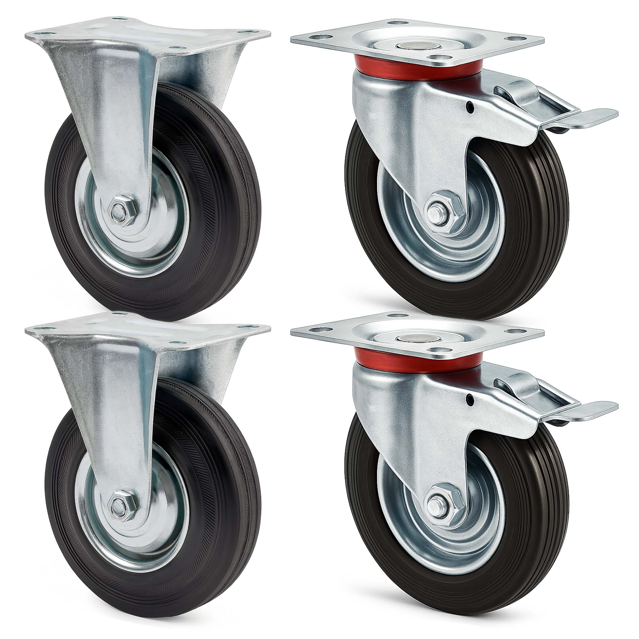 Set rotelle da trasporto 125 mm 2 ruote piroettanti con freno 2 fisse, nucleo in metallo, 100 kg a ruota