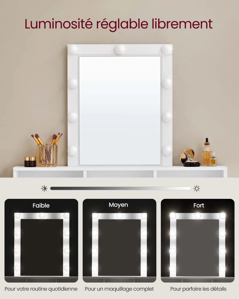 Toletta con specchio e lampadine tavolo da trucco con 2 cassetti e 3 vani portaoggetti stile moderno bianco 12_0005157