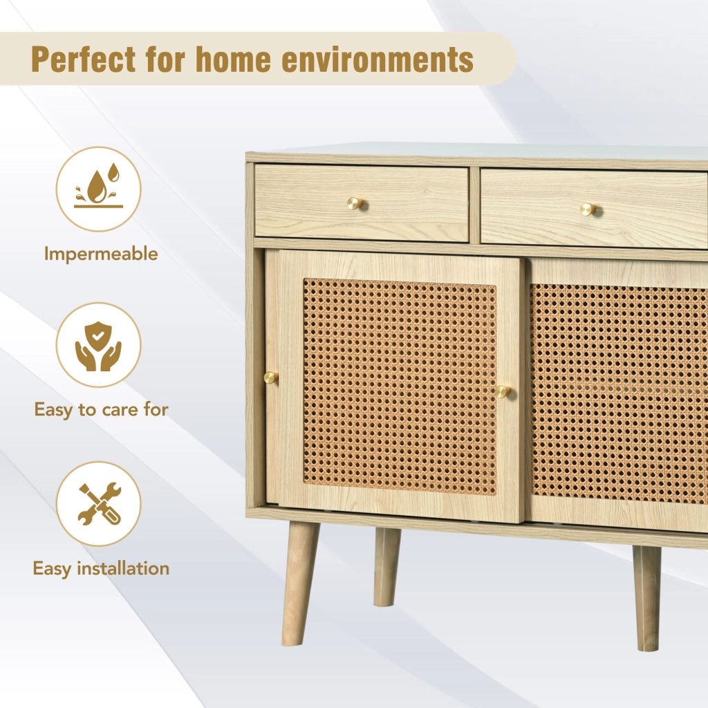 Credenza con 3 cassetti e 3 ante in MDF effetto quercia con ripiani regolabili e piedi alti 120 × 40 × 78 cm