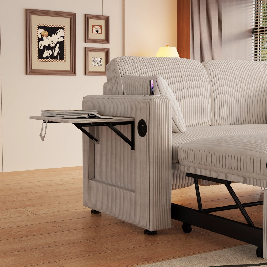 Divano letto 3 in 1 con schienale regolabile a 5 posizioni, portabicchieri, tasche laterali in velluto bianco
