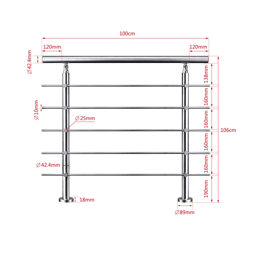 Balaustra Corrimano Ringhiera in acciaio inox spazzolato 100x106cm per interni ed esterni 5 barre trasversali
