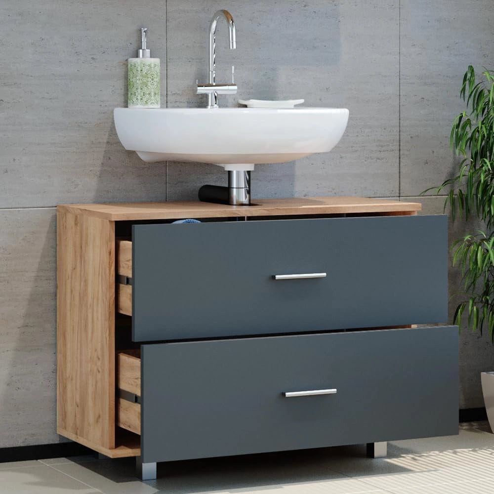Mobile sottolavabo per bagno Ilias, Antracite/quercia dorata, 80 x 60.8 cm, con ritaglio per sifone e aperture di ventilazione laterali