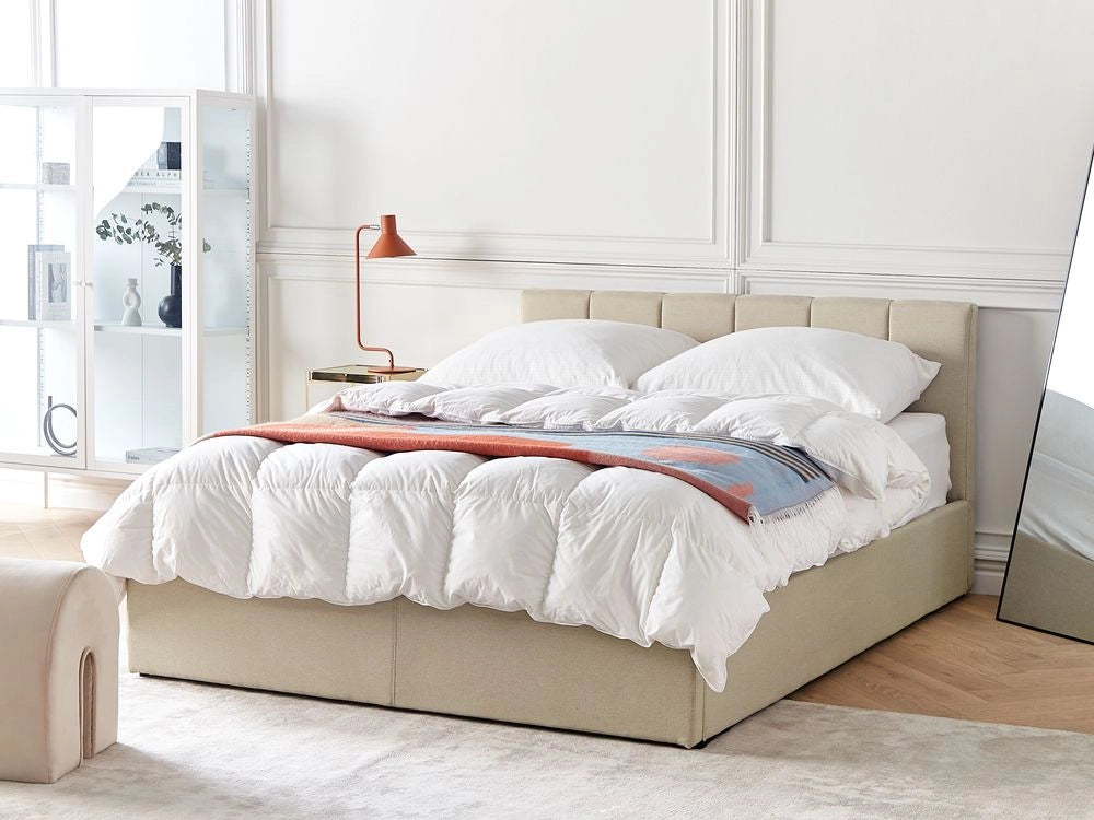 Letto contenitore Rivestimento in tessuto beige 140 x 200 cm con testiera a doghe