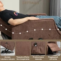 Poltrona Relax Alzapersona con 8 Punti Massaggio, Reclinazione a 135° e 2 Telecomandi, Marrone