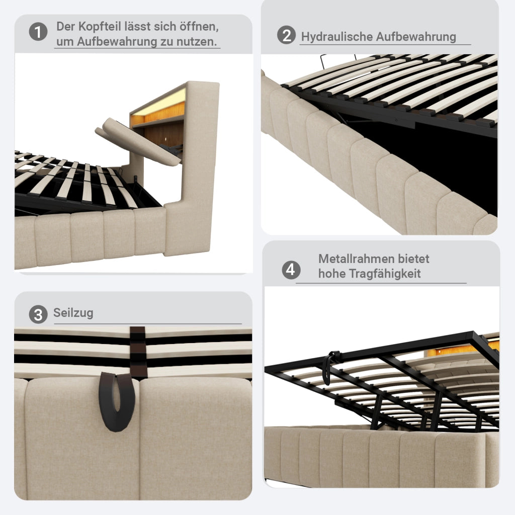 Letto contenitore 140 × 200 cm con sistema idraulico, LED, USB e USB-C, testiera con vani, senza materasso, beige